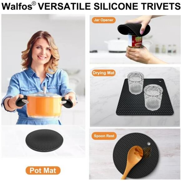 Walfos Silicone Trivet Mats Set of 4 Heat Resistant Non-Slip Hot Pads Jar Opener - Picture 3 of 7